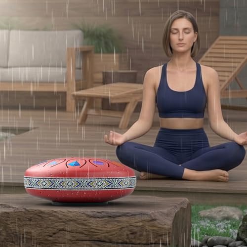 Image of REGIS Rain Drum for Outside Garden, 6.8 Inches 13 Notes Steel Tongue Drum, Waterproof Meditation Rain Chime, UV-Printed Notes & Geometric Design, with Bag, Mallets & Music Book(red)