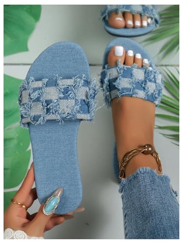 OYOANGLE Women's Plaid Denim Flat Sandals Vintage Raw Trim Open Toe Non Slip Jean Slide Sandals3