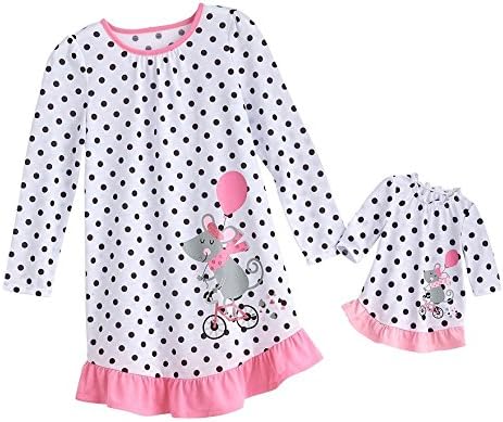 Girl's Nightgown & Matching Doll Nightgown Polka Dots Mouse Bike White Black Pink 6