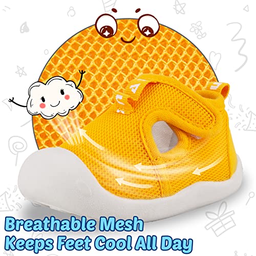 Baby First Walking Shoes Toddler Size 5 Flexible Boy Girl Soft Sole Non Slip Casual Mesh Breathable Lightweight Rubber Slip On Tennis Running Sneakers for 1 Year 12-18 Months Outdoor(Yellow S16) 5T3