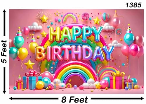 Image of Backdropon Balloon and Rainbow Themed Happy Birthday Design Backdrop for Birthday Decoration Traditional /Background Curtain Cloth for Party /Festival Size 5 Feet Height and 8 Feet Width(5 * 8)