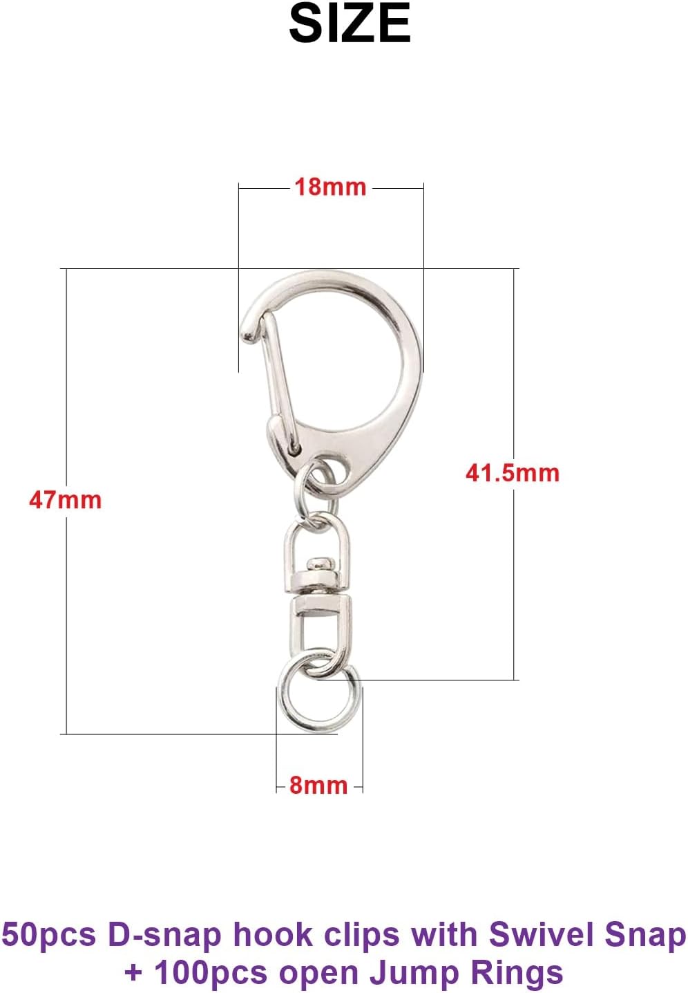 50 Sets Lobster Claw Clasps Keychain Clip D-snap Hook Clips with Swivel Snap and Open Jump Rings for Silver DIY Making Trinket Crafts Diameter 0.7inch (18mm) - Image 2