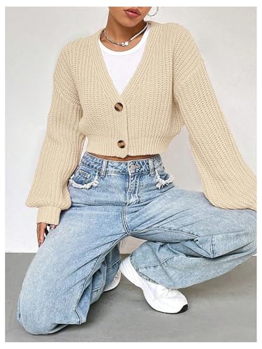 SweatyRocks Women's V Neck Cropped Cardigan Button Up Lantern Long Sleeve Sweater Outwear4