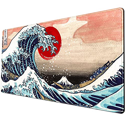 Japanese Mouse pad XL Gaming Mousepad Great Wave Off Kanagawa and Sun Watercolor Desk mat Full Desk Mousepad 31.5X15.75 in ,Stitched Edges Smooth Surface Big Mouse pad Desk mat Mouse pad for Laptop …