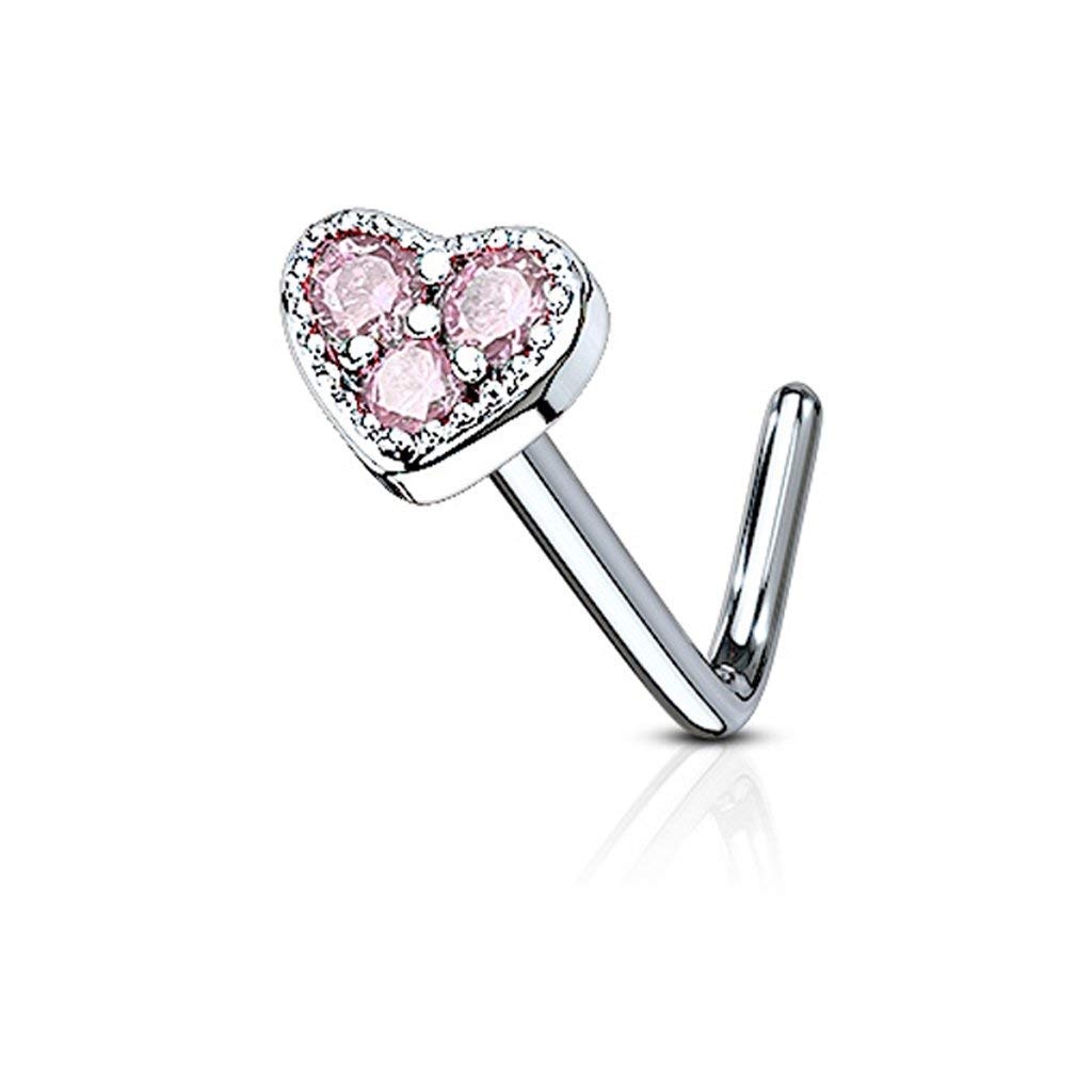 Covet Jewelry 3 CZ Paved Heart 316L Surgical Steel L Bend Nose Stud Rings