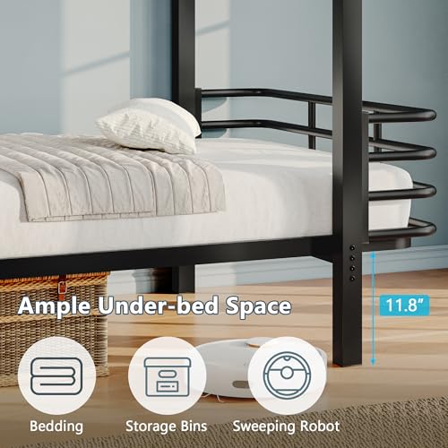Image of iPormis Metal Bunk Bed Twin Over Twin, Heavy Duty Bunk with High Guardrail and Ladder with Built-in Handrails & Wide Steps, Under-Bed Storage Space, Easy Assembly, Noise Free, Black