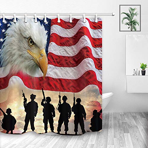 Nymb United States Usa Flag Shower Curtains, American Military Soldiers With Eagle Art Print, Fabric Waterproof Independence Day Shower Curtain, Bathroom Accessory Sets, Hooks Included #TOP1