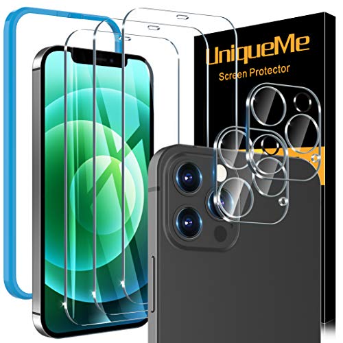 [5 Pack] UniqueMe Screen Protector Compatible With iPhone 12 Pro Max 6.7 [Not for iPhone 12 Pro], 3 Pack Clear Tempered glass and 2 pack Camera Lens Protector, [Installation Frame][Precise Cutout]
