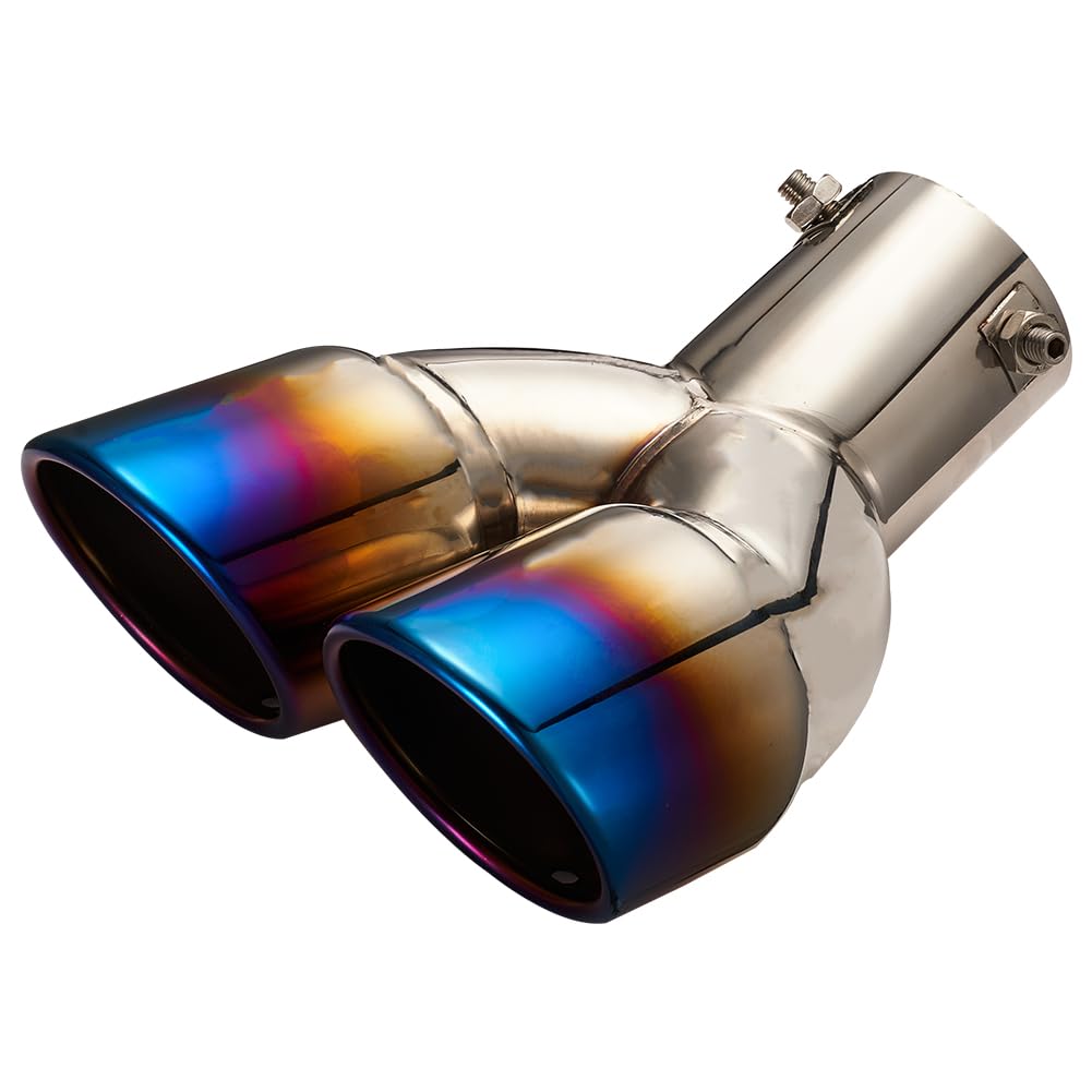 Blueshyhall Terminale di scarico doppio tubo 60 mm, silenziatore auto curvo, blu al forno, ovale, in acciaio inox curvo