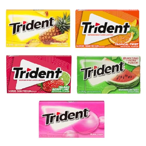 Image of Trident Sugar Free Chewing Gum Pineapple Flavor, Tropical Twist, Island Berry Lime, Watermelon, Bubblegum Flavor 14 Sticks, 26.6 g | Pack Of 5 | Imported Chewing Gum