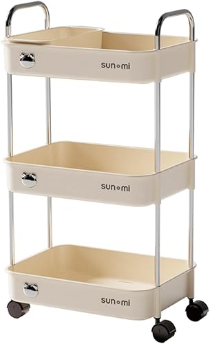 Carrito utilitario rodante de 3 niveles, carritos de almacenamiento resistentes con cesta de almacenamiento de plástico y ruedas con cerradura,