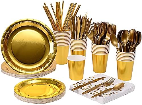 Yoacbbo Gold Party Supplies Black Paper Plate Napkins Cup Gold Plastic Fork Knives Spoons Disposable Dinnerware Set for Birthday Retirement Graduation Anniversary Party