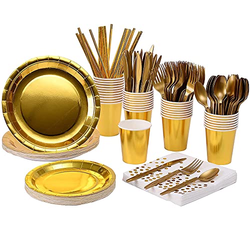 Yoacbbo Gold Party Supplies Black Paper Plate Napkins Cup Gold Plastic Fork Knives Spoons Disposable Dinnerware Set For Birthday Retirement Graduation Anniversary Party #TOP28