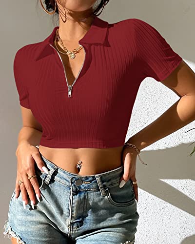 Womens Crop Top Summer Collared Short Sleeve Ribbed Knit Zip Up Polo Shirts Burgundy #TOP1