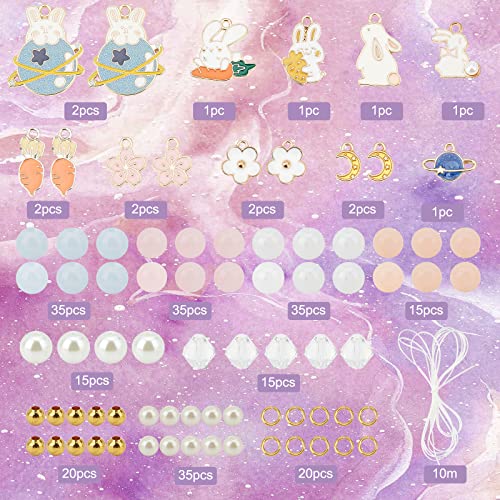SUNNYCLUE 1 Box 241Pcs DIY 6 Set Easter Rabbit Charms Enamel Bunny Charms Beaded Bracelets Making Kit Carrot Planet Moon Crescent Charm Round Glass Beads Faceted Bead for Jewellery Making Beading Kits - Image 2