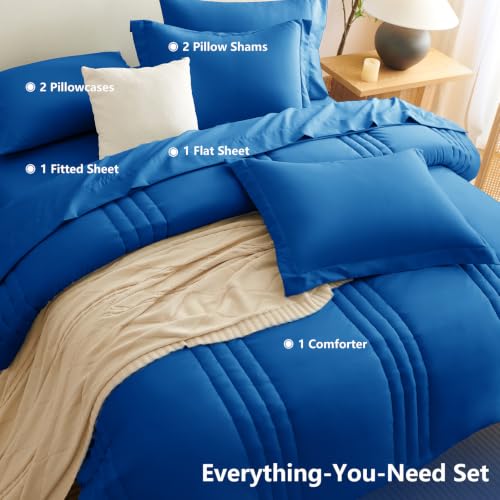 Image of CozyLux King Size Comforter Set Classic Blue - 7 Pieces Bed in a Bag, Modern Vertical Quilted Room Decor, Soft All-Season Bedding Gift with Comforter, Sheets, Pillowcases & Shams