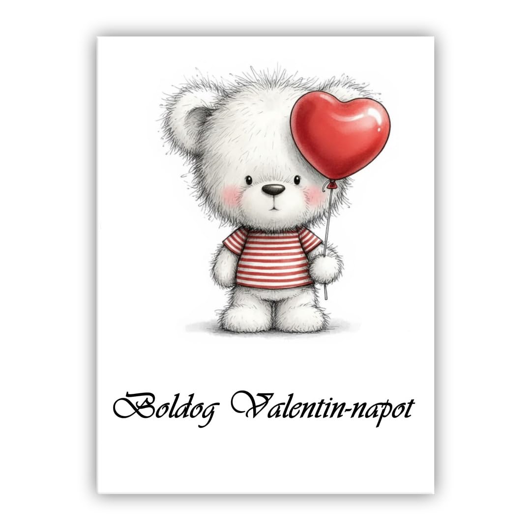Multilingual Valentine’s Day Card – Cute Bear with Heart Balloon – Romantic Greeting Card for Husband, Wife, Boyfriend, Girlfriend (• Hungarian: Boldog Valentin-napot)