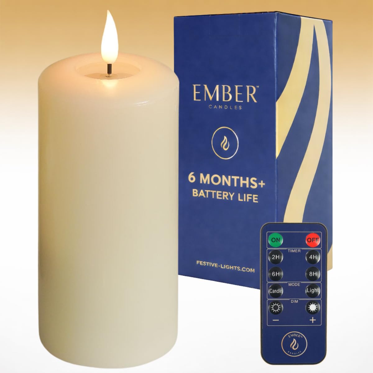 Ember Candles™ - 15cm Flameless LED Candle - Up to 6 Months Battery Life - Ivory Real Wax Pillar Candle - Battery Operated Candle, Remote & Timer Compatible - Realistic Flickering Flame