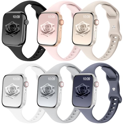 Image of 6 Pack Thin Slim Soft Silicone Bands Compatible with Apple Watch Women Men | 38mm 40mm 41mm 42mm 44mm 45mm 46mm 49mm, Waterproof Lightweight Strap for iWatch Series 11 /10 /9 /8 /7 /6 /5 /4 /3 /2 /1 SE Ultra