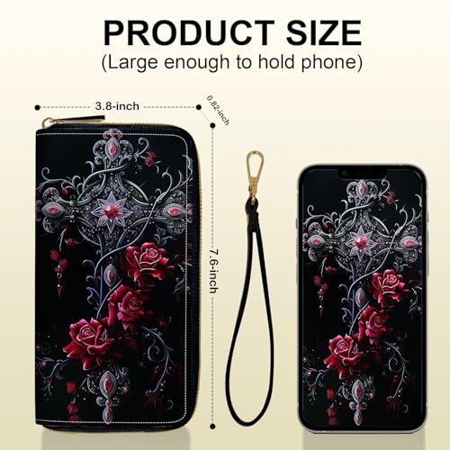 Women's Card Holder Wristlet Wallet, Convenient Travel Long Wallet with Strap and Pink Compact Mirror, Fashion and Sturdy Wristlet Long Purse for Women, Rose Art Cross3