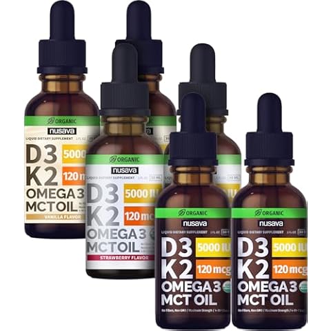 NUSAVA Unflavored, Strawberry Flavored, & Vanilla Flavored D3 K2 Liquid Drops Bundle - Potent Liquid Vitamins for Heart, Joint, Bone, Muscle, & Immune Support - Non-GMO, Gluten-Free, 2pk Each Cover