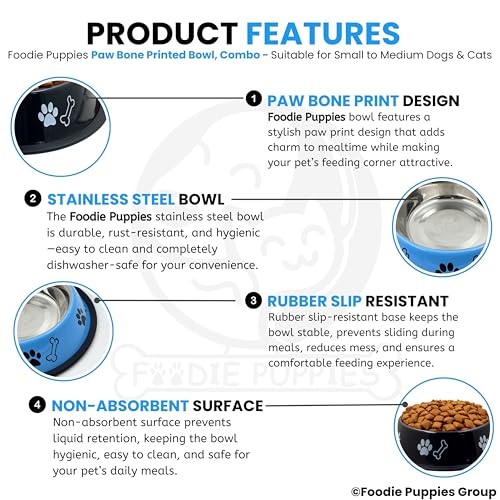 Image of Foodie Puppies Stainless Steel Dog Bowl Combo - (Medium,700ml) Food and Water Feeding Bowl | Suitable for Small to Medium Dogs I Paw Bone Print, Anti-Skid Rubber Base I Gift for Dogs (Skyblue + Black)