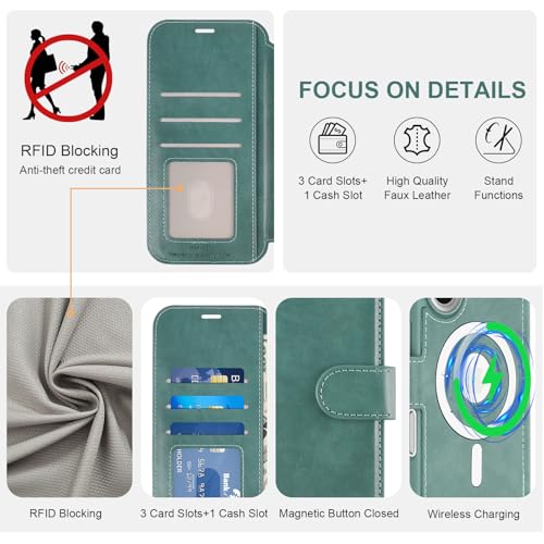 VANAVAGY Compatible for iPhone 16 Wallet Case for Magsafe Wireless Charging, PU Leather Flip Folio Case Strap [Screen Protector & Camera Lens Protector] with RFID Blocking Card Holder,Forest Green by VANAVAGY - Used condition - Image 3