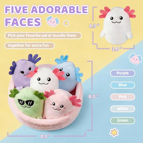 Image of Emotional Support Axolotl Plush Friendship Gifts, 5 Tiny Cute Stuff, Squishy Axolotls with Carrying Basket, Emotional Axolotl Pal, Best Friend Birthday Gifts for Women Bestie Adult (Axolotls)