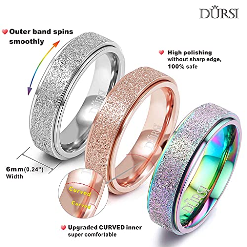 DURSI 3Pcs Spinner Ring for Women Girls Kids Fashion Stainless Steel Fidget Ring for Anxiety Sand Blast Finish Rose Gold Silver Rainbow Color 6MM (6) by DURSI - Image 2