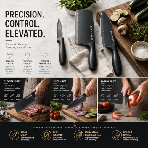 Image of Kitchen Knife Set with Wood Board, Slicer Cutter & Finger Guard (6 Pcs Set) | 3-Pcs Stainless Steel Knives for Veggis, Fruit & Meat Cutting, Sharp Durable Blades with Cover Cooking Knives for Kitchen