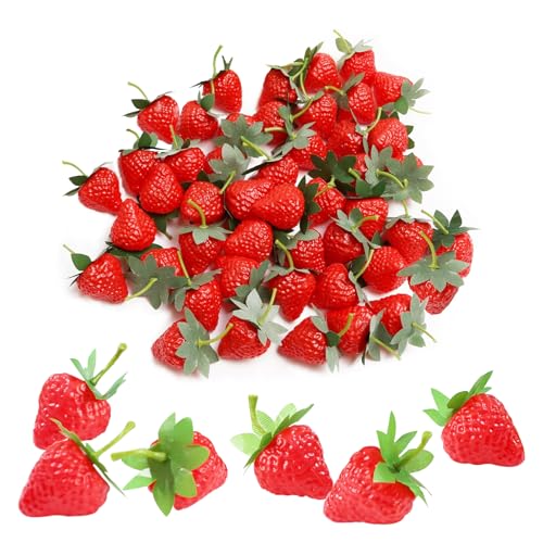 Lemitung 50PCS Lifelike Artificial Strawberries with Green Leaves - Realistic Fake Fruit Decor for Home Kitchen, Party, Photo Props & Crafts
