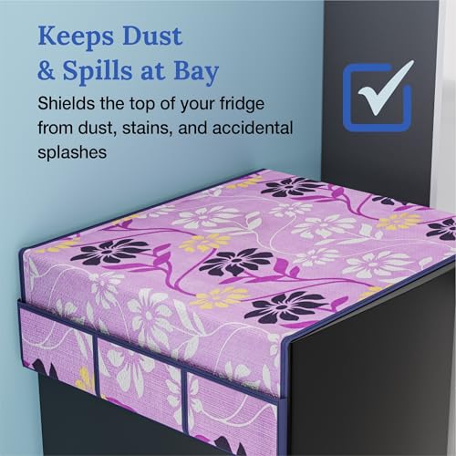 Image of Kuber Industries Cotton Fridge Top Cover | Washable & Anti-Dust Refrigerator Top Cover with 6 Utility Pockets for Kitchen | Flower Design - Purple