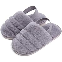 Kids Fluffy Fuzzy Slippers Rainbow Color House Home Slippers for Boys and Girls Faux Fur Slides with Strap Little Kids Slip-on Shoes