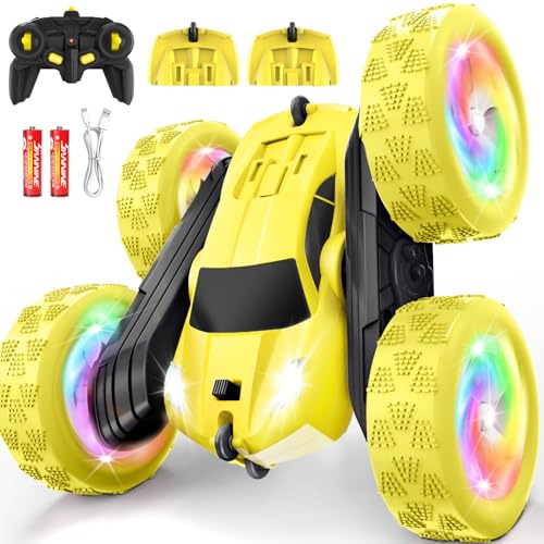 Image of Remote Control Car, Outdoor Toys RC Cars for Kids Ages 6-12, 4WD Double Sided Stunt Vehicle with Upgraded USB-C Modular Batteries, 5 6 7 8 9 10+ Year Old Boy Birthday Yellow