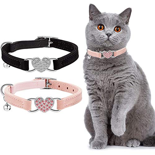 LEJGEQR 2 Pack/Set Cat Collars with Bell,Heart Bling Rhinestones Cat Collar,Breakaway Cat Kitty Collar Kitten Collar…