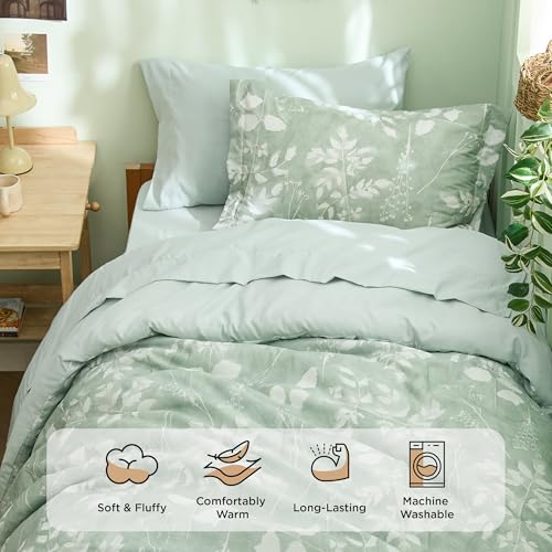 Image of Bedsure Floral Sage Green Comforter Set, Twin-XL Bedding Sets, Dorm, 5 Pc | Bed in a Bag, Bedroom, Dorm Room,Reversible, Fluffy, Whisper-Quiet, All-Season, Polyester, Easy Care, Botanical-Chic, OEKO