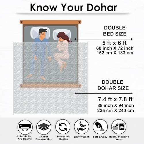 Image of Story@Home Dohar Double Bed Cotton | 150GSM 225 x240 cm Quilt AC Blanket for Summer | AC Comforter Double Bed | Grey & White Floral & Abstract Reversible Design Duvet | All-Season Blanket
