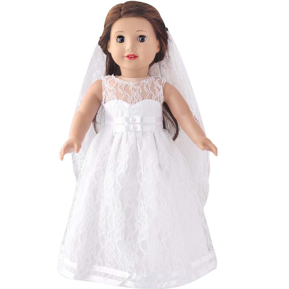 DUORUIMI Doll Clothes White Wedding Long Lace Dress for American Girl Doll 18 inch with Wedding Veil, 18-inch