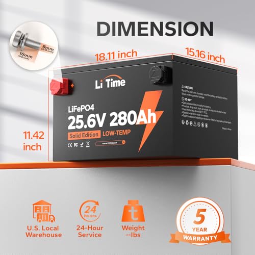 Image of LiTime 24V 280Ah LiFePO4 Lithium Battery - 7168Wh, 4000+ Deep Cycle, Built-in 200A BMS, Low-Temp Cutoff for Solar, Home, RV, Marine Backup Power