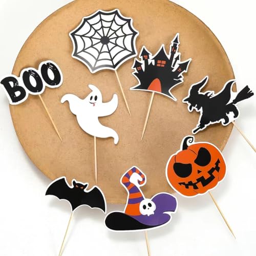 ZALAON Halloween Cupcake Toppers, 48 Pieces: Bat, Witch, Pumpkin, Castle & More - Cake Decoration for Halloween Party Supplies - Image 5