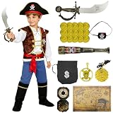 5-Tellges Piratenkostum Kinder mit Pirateaccessoires Set, Piratenkostüm fürJungen Kostüm Pirat, Piratenhut Augenklappe Fernrohr Karte Kompass, Halloween Fasching Karneval Verkleidung Jungen 5-7