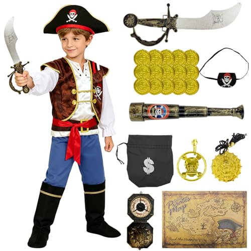 5-Tellges Piratenkostum Kinder mit Pirateaccessoires Set, Piratenkostüm fürJungen Kostüm Pirat, Piratenhut Augenklappe Fernrohr Karte Kompass, Halloween Fasching Karneval Verkleidung Jungen 5-7