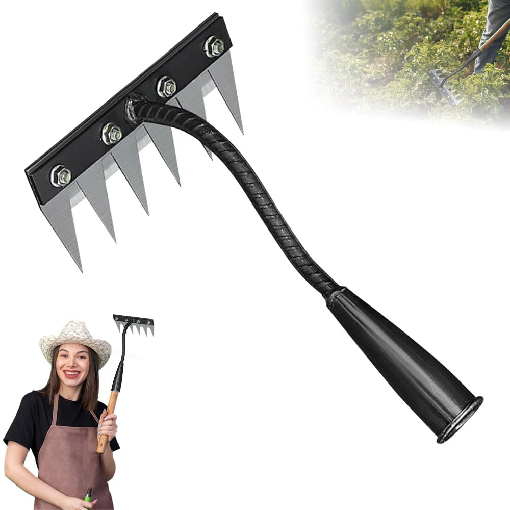 Iron Weeding Rake 2.0, 2025 New Detachable Gardening Hand Weeder Tool, Iron Rake for Gardening and Weeding, Manual Carbon Steel Weed Rakes Weed Puller Tool for Lawn Yard Garden Farm (6 Tines)
