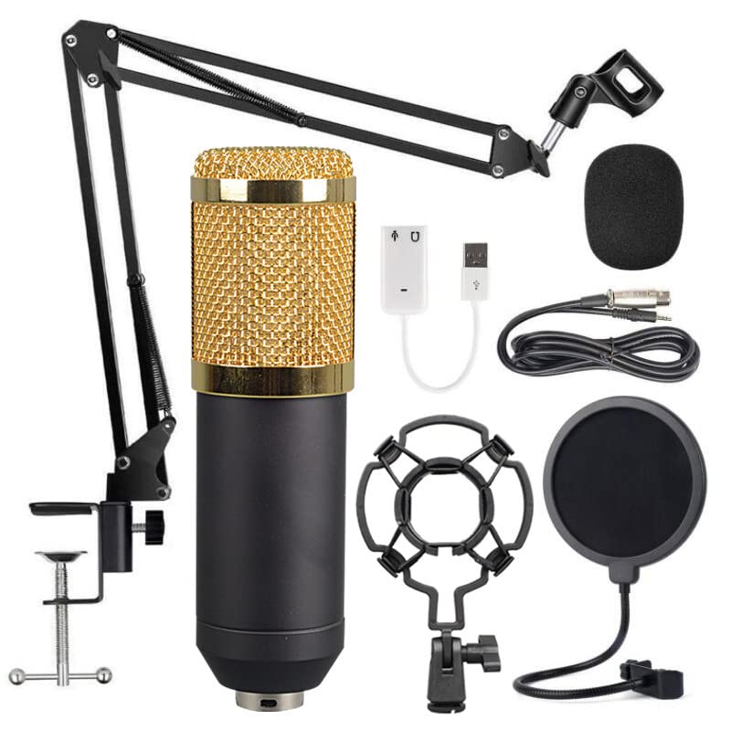 Aokicase USB Hanging Condenser Microphone Set,192KHz/24Bit Gaming Microphone, PC Mic for Streaming,Online Class Live,YouTube,Tiktok,Ins,Podcasts,Recording,Mic or Mac/PS4/PS5（Gold） USB-BM800