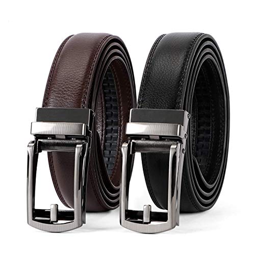 WERFORU 2 Pack Leather Ratchet Dress Belt for Men Perfect Fit Waist Size 28-44 inches with Automatic Buckle,Black+Coffee,Suit Pant Size 28-44 inches