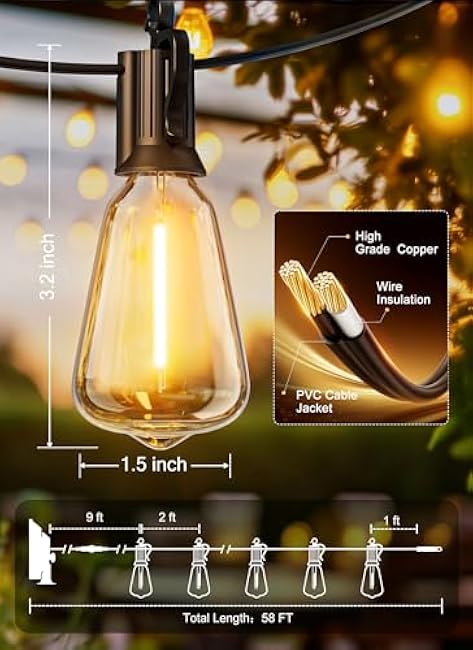 Brightown Outdoor Solar String Lights Waterproof 58FT with 25 Shatterproof ST38 LED Bulbs, 2700K Solar Lights Outdoor with Remote, Solar String Lights for Outside, Camping, Yard, Party Decor