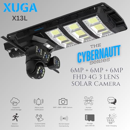 Image of XUGA-Cybernautt Series X13L 18MP 3 Lens PTZ Solar 4G Sim Outdoor CCTV Streetlight Camera with 3 View | Siren Alarm | Night Vision | All 3 Lens Mobile Controlled | Use Air-tel 4G Sim