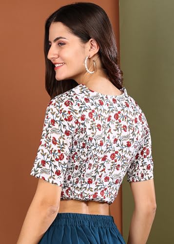 Image of Yash Gallery Women's Cotton Floral Printed Regular Blouse (White)
