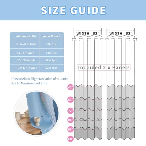 Image of 52x63 2-in-1 Double-Layer Kids & Girls Unicorn Princess Blackout Curtains with Foil Print Sheer, 2 Panels Set - Pure Blue