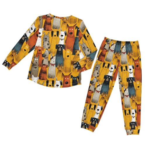 Long Sleeve Pajama Set for Girls Boys,Cartoon Dogs in Rows Comfy Crewneck Sleepwears,Soft Kid's Homewear Clothes Underwear Sets 3T2
